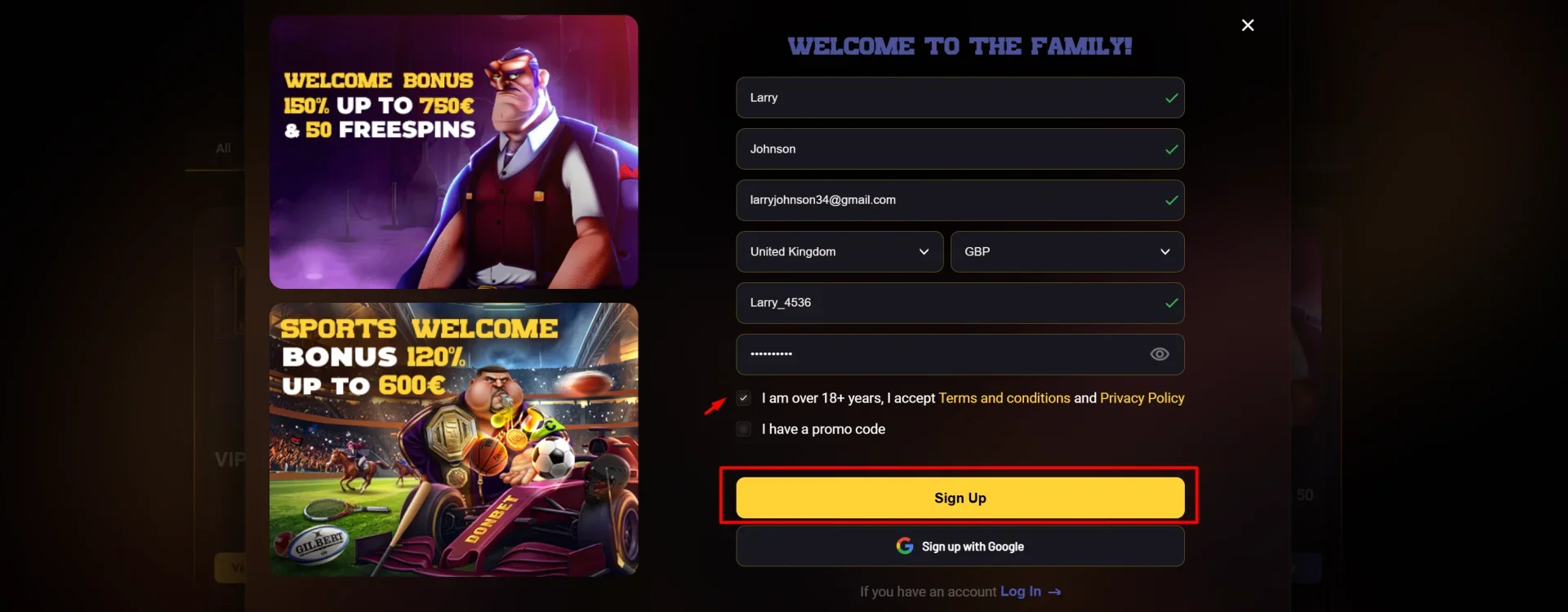 DonBet registration form